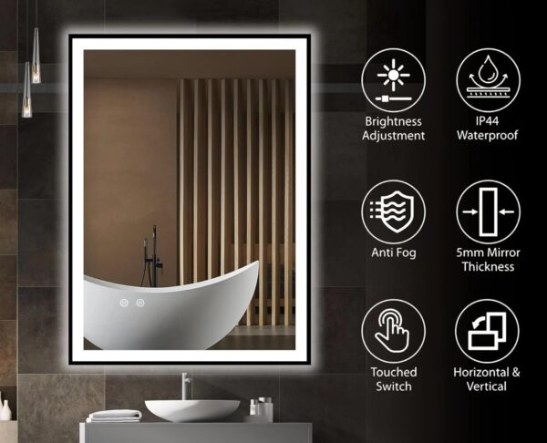 LED Vanity Rectangle Mirror with Touch Sensor, Frameless Anti-Fog - Image 4